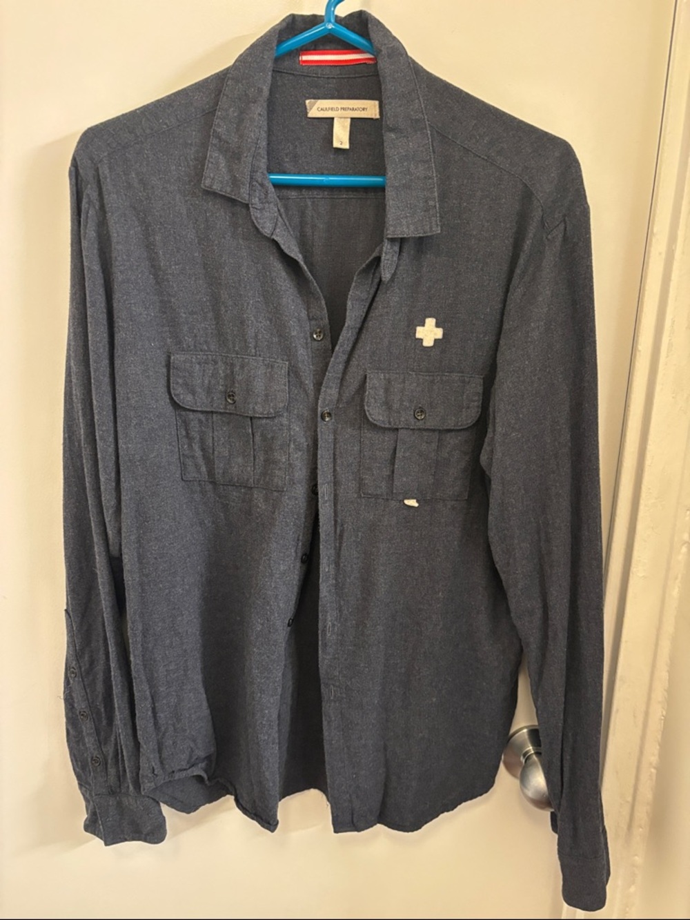 Caulfield Preparatory casual Button-Up Shirt Patch Cross Detail - Slate Blue